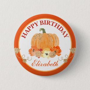 Badge Rond 5 Cm Citrouille orange et or aquarelle Joyeux Anniversa