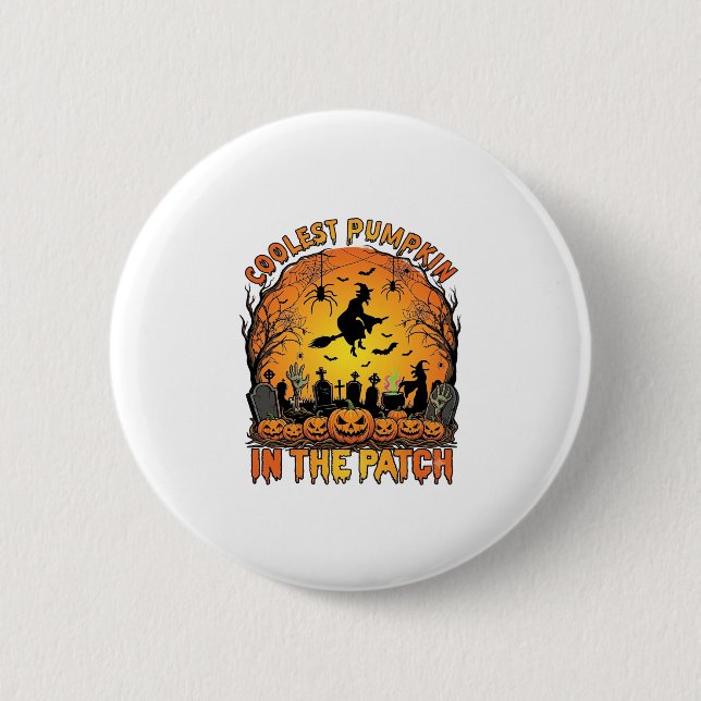 Badge Rond 5 Cm Citrouille Patch Halloween Sorcière Araignées Grav (Devant)