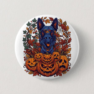Badge Rond 5 Cm Citrouilles d'Halloween Pitbull Bleu Feuilles d'Au