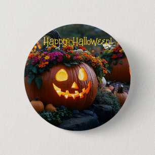 Badge Rond 5 Cm Citrouilles d'Halloween sculptés décorés de fleurs