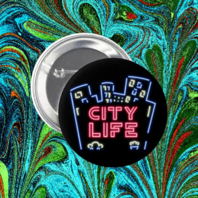 Badge Rond 5 Cm City Life Neon Nights Button – Urban Skyline Glow  (Créateur téléchargé)