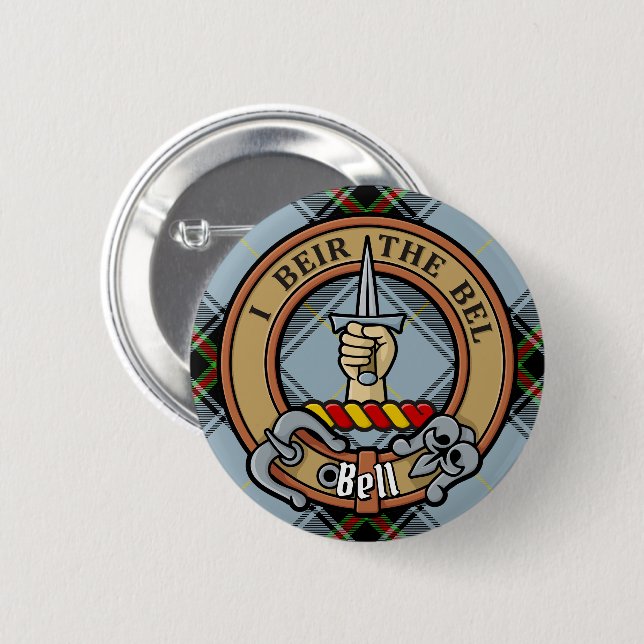 Badge Rond 5 Cm Clan Bell Crest sur Tartan (Devant & derrière)