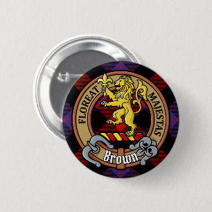 Badge Rond 5 Cm Clan Brown Crest sur Tartan