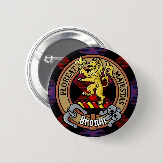 Badge Rond 5 Cm Clan Brown Crest sur Tartan (Devant & derrière)