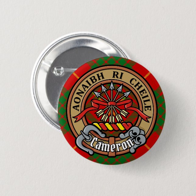 Badge Rond 5 Cm Clan Cameron Crest sur Tartan (Devant & derrière)