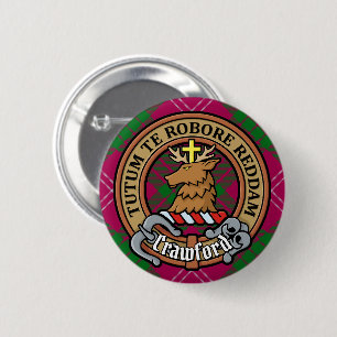 Badge Rond 5 Cm Clan Crawford Crest sur Tartan
