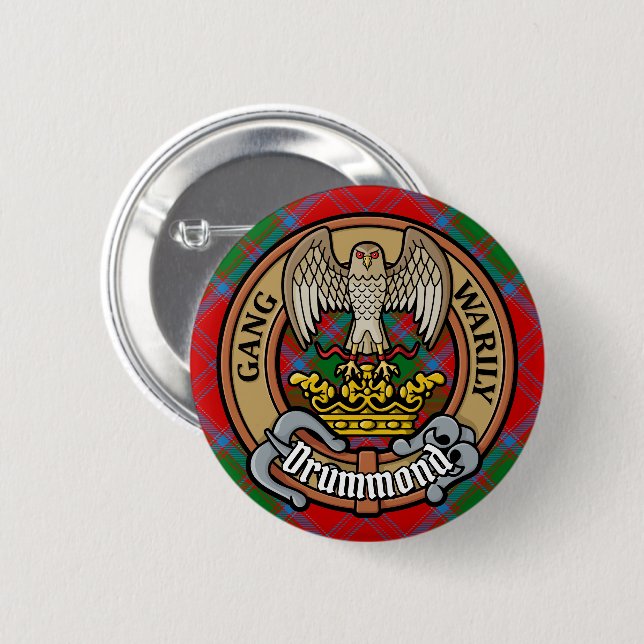 Badge Rond 5 Cm Clan Drummond Crest sur Tartan (Devant & derrière)