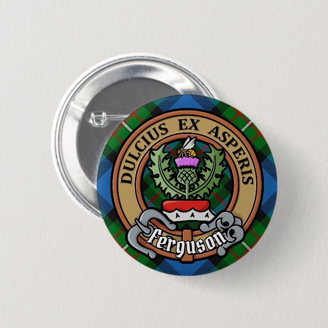 Badge Rond 5 Cm Clan Ferguson Crest sur Tartan (Devant & derrière)