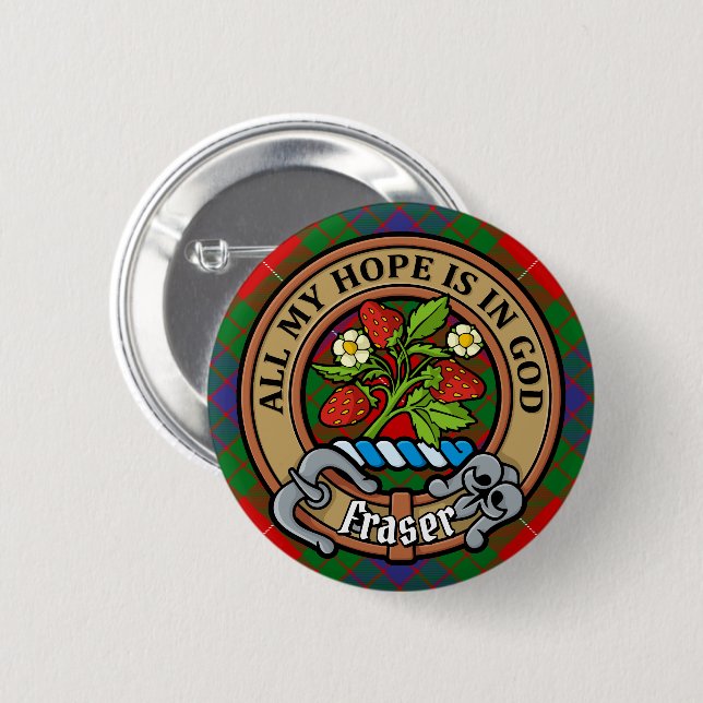 Badge Rond 5 Cm Clan Fraser Crest sur Tartan (Devant & derrière)
