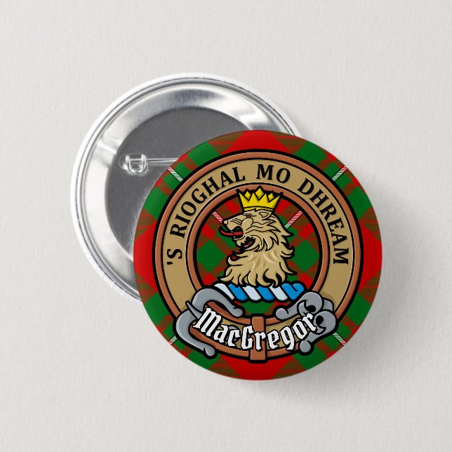 Badge Rond 5 Cm Clan Gregor Crest sur Tartan (Devant & derrière)