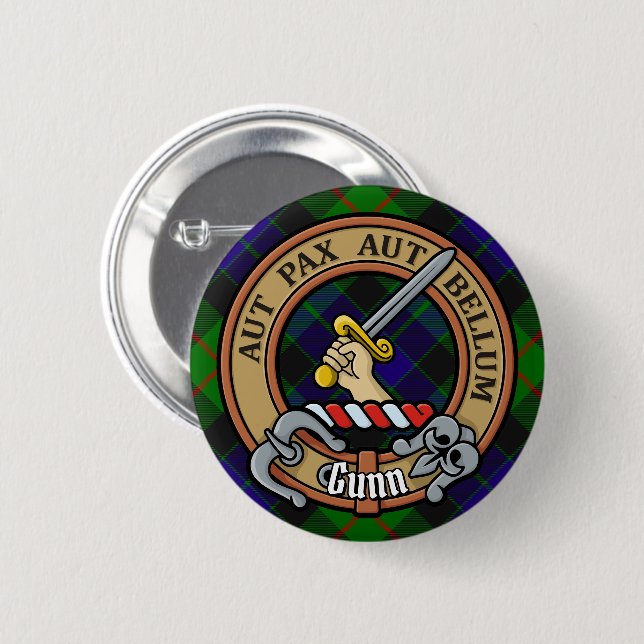 Badge Rond 5 Cm Clan Gunn Crest sur Tartan (Devant & derrière)