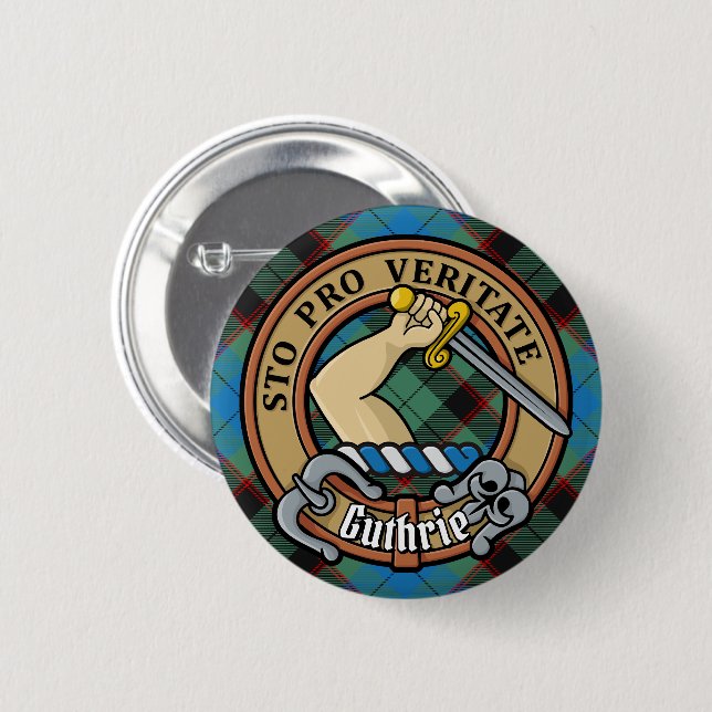 Badge Rond 5 Cm Clan Guthrie Crest sur Tartan (Devant & derrière)