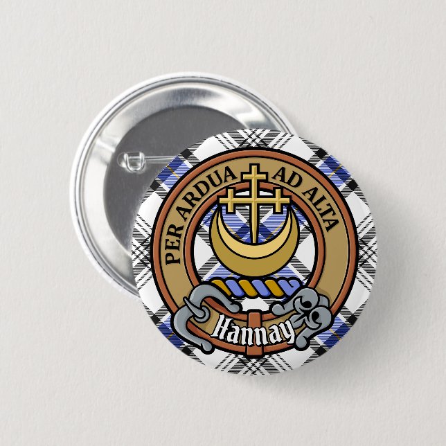 Badge Rond 5 Cm Clan Hannay Crest sur Tartan (Devant & derrière)