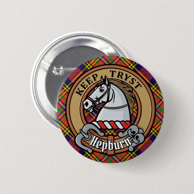 Badge Rond 5 Cm Clan Hepburn Crest sur Tartan (Devant & derrière)