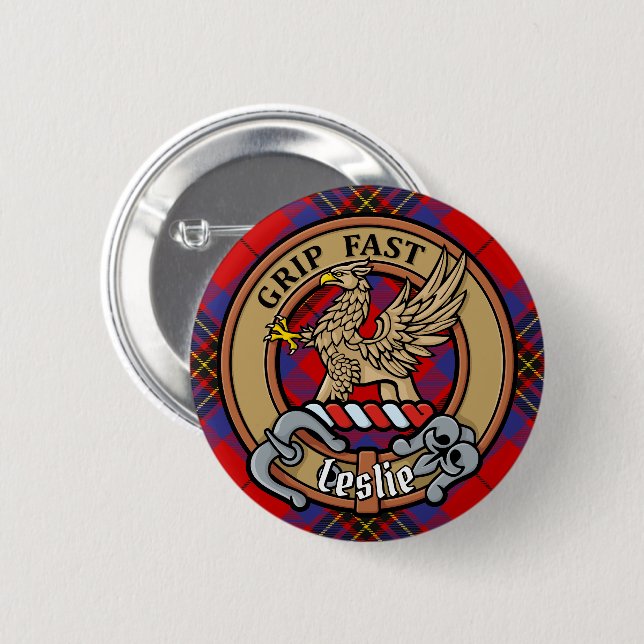 Badge Rond 5 Cm Clan Leslie Crest sur Red Tartan (Devant & derrière)