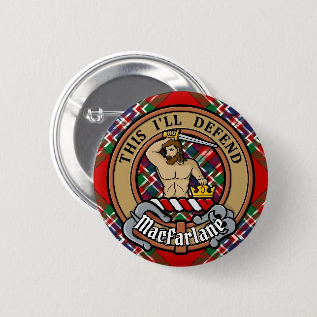 Badge Rond 5 Cm Clan MacFarlane Crest sur Red Tartan (Devant & derrière)