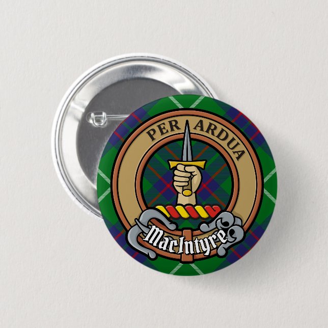 Badge Rond 5 Cm Clan MacIntyre Crest sur Tartan (Devant & derrière)
