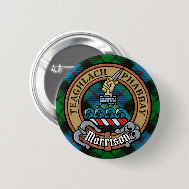 Badge Rond 5 Cm Clan Morrison Crest sur la chasse Tartan (Devant & derrière)