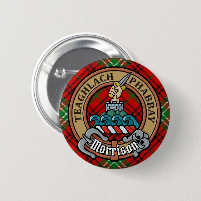 Badge Rond 5 Cm Clan Morrison Crest sur Red Tartan (Devant & derrière)