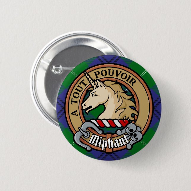 Badge Rond 5 Cm Clan Oliphant Crest sur Tartan (Devant & derrière)
