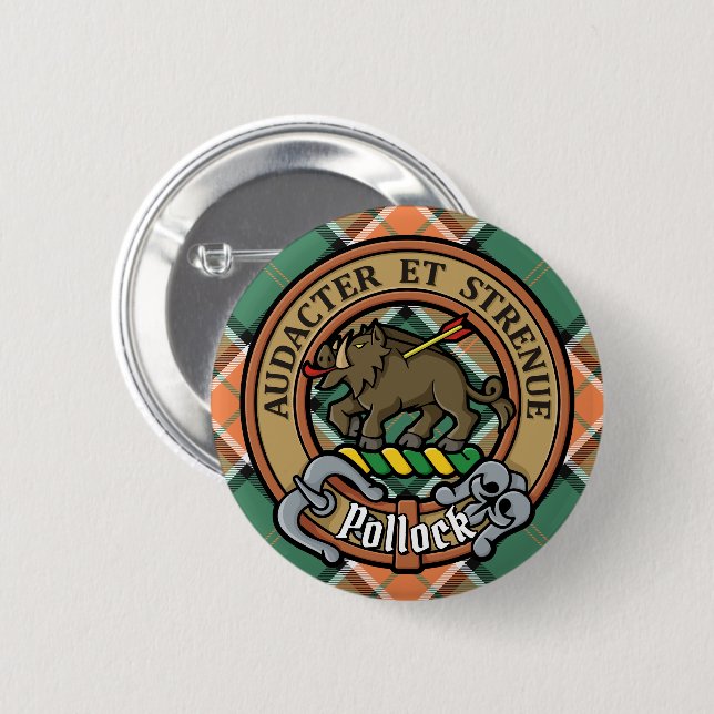 Badge Rond 5 Cm Clan Pollock Crest sur Tartan (Devant & derrière)