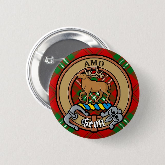 Badge Rond 5 Cm Clan Scott Crest sur Red Tartan (Devant & derrière)