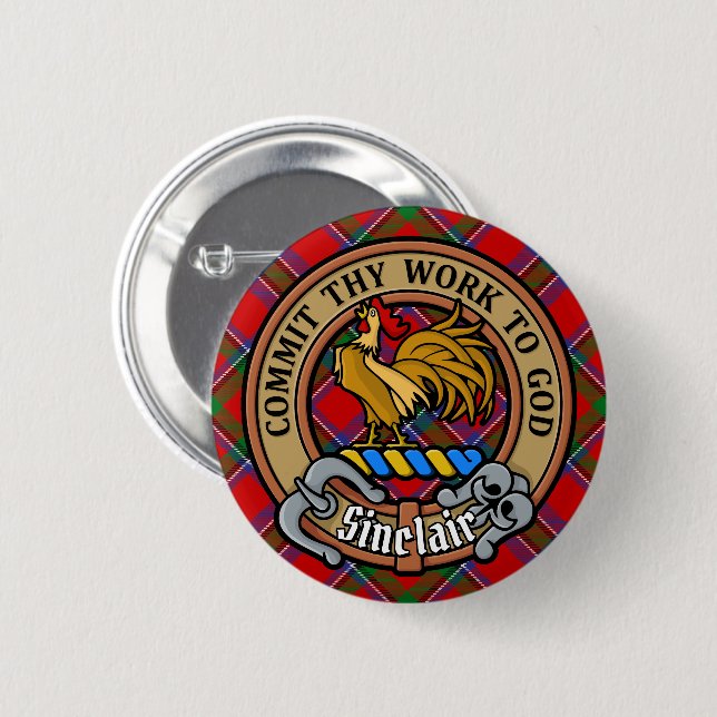 Badge Rond 5 Cm Clan Sinclair Crest sur Red Tartan (Devant & derrière)