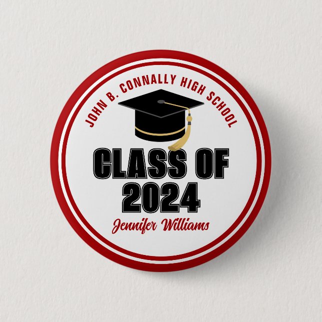 Badge Rond 5 Cm Classe de 2024 Rouge Blanc Personnalisé Nom du dip (Devant)