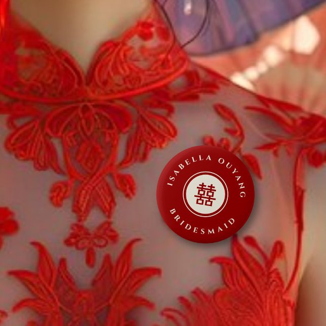 Badge Rond 5 Cm Classic Circle Double Xi Chinese Wedding Party (BRIDESMAID Classic Circle Double Happiness Chinese Wedding Party Pinback Button @ fatfatin_red_knot)
