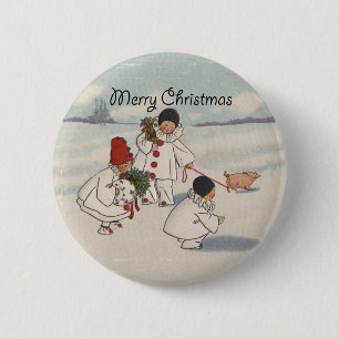 Badge Rond 5 Cm Classique Vintage Noël Enfant de neige