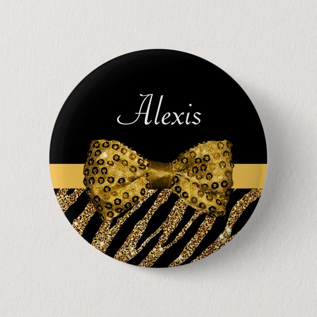 Badge Rond 5 Cm Classy Gold Zebra Print FAUX Glitz Bow avec nom (Devant)