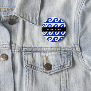 Badge Rond 5 Cm Clé de méandre grecque, Clé de vague, Bleu, Votre
