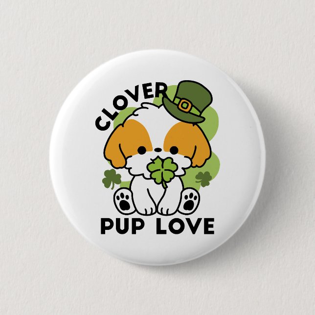 Badge Rond 5 Cm Clover Pup Love - St. Patrick's Day Chien Design (Devant)