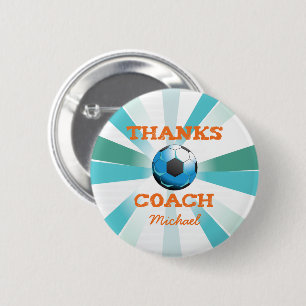 Badge Rond 5 Cm Coach de football Merci, Orange sur Turquoise, Sta