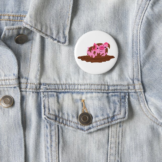 Badge Rond 5 Cm Cochon de dessin mignon dans la boue (En situation)