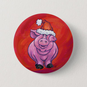Badge Rond 5 Cm Cochon mignon à Santa Hat sur rouge