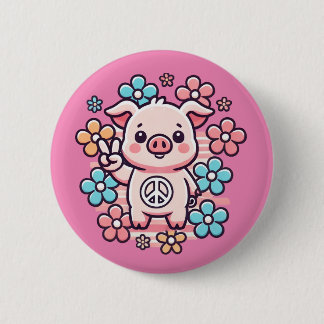 Badge Rond 5 Cm Cochon mignon avec la paix Signal & Fleurs à thème