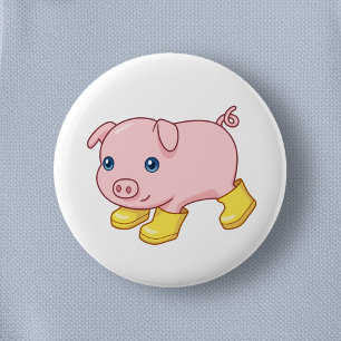 Badge Rond 5 Cm Cochonnet mignon en bottes jaunes en caoutchouc