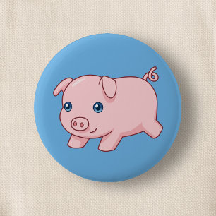 Badge Rond 5 Cm Cochonnet mignon en train de courir sur fond bleu