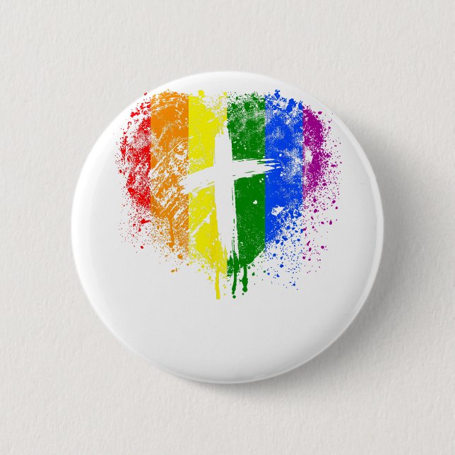 Badge Rond 5 Cm Coeur avec croix, Gay Pride, religieuse chrétienne (Devant)