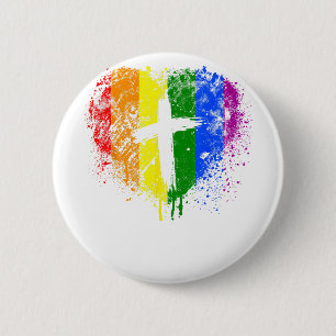 Badge Rond 5 Cm Coeur avec croix, Gay Pride, religieuse chrétienne