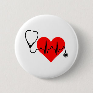 Badge Rond 5 Cm Coeur de battement de coeur de stéthoscope