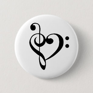 Badge Rond 5 Cm Coeur de musique Treble basse Clef Heart - Noir