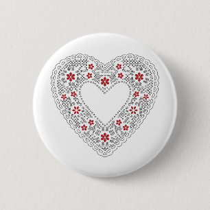 Badge Rond 5 Cm Coeur dentelle rouge et blanc