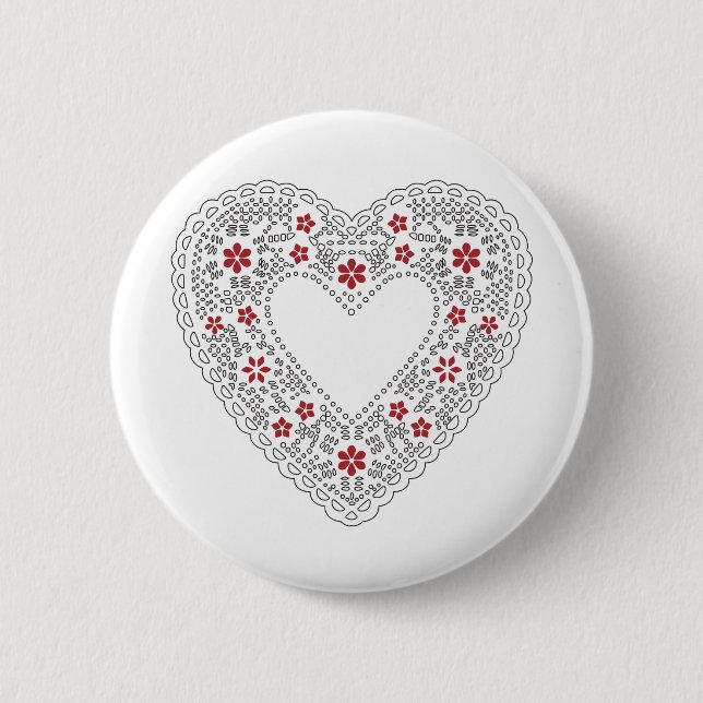 Badge Rond 5 Cm Coeur dentelle rouge et blanc (Devant)