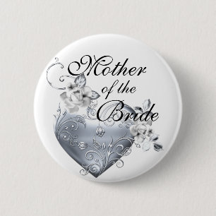 Badge Rond 5 Cm Coeur en filigrane argenté et roses blancs