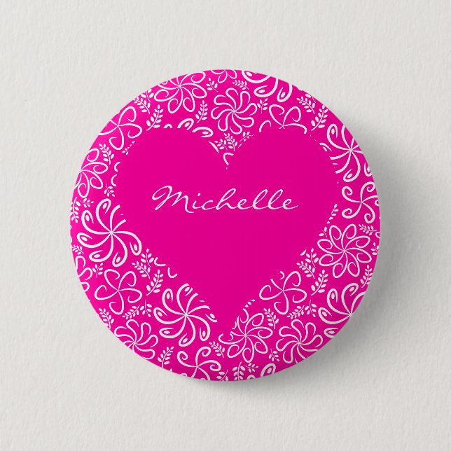 Badge Rond 5 Cm Coeur floral en rose avec nom (Devant)