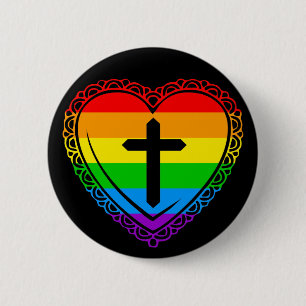 Badge Rond 5 Cm Cœur gothique & Croix (Noir + Arc-en-ciel)
