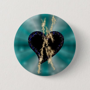 Badge Rond 5 Cm Coeur noir avec flamme et étoiles sur arc en ciel