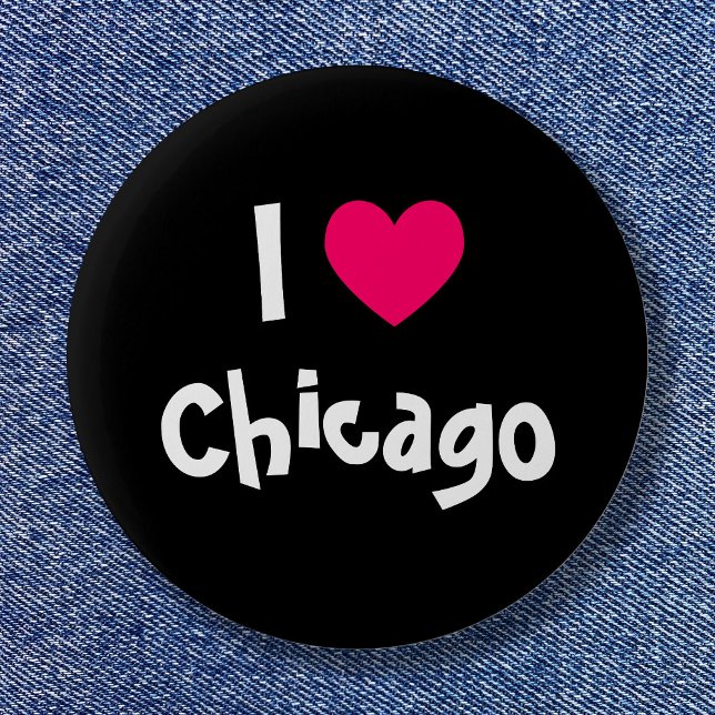 Badge Rond 5 Cm Coeur noir blanc et rose J'aime Chicago (I Love Chicago Button)